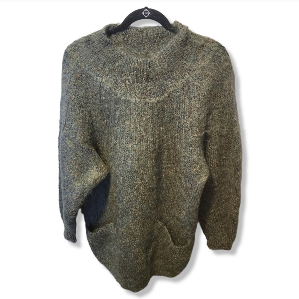 VTG Green Mohair Wool Donegal flecked fuzzy oversized long sweater pockets L